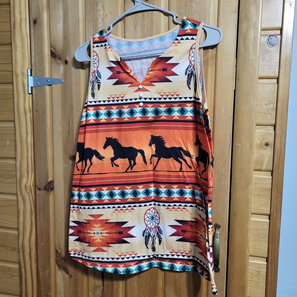 Source Unknown Orange Western Horse Print Blouse